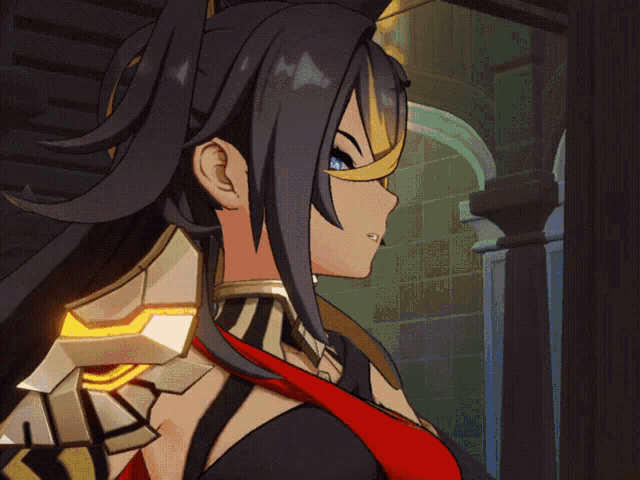 a woman with long black hair and a red sash around her waist