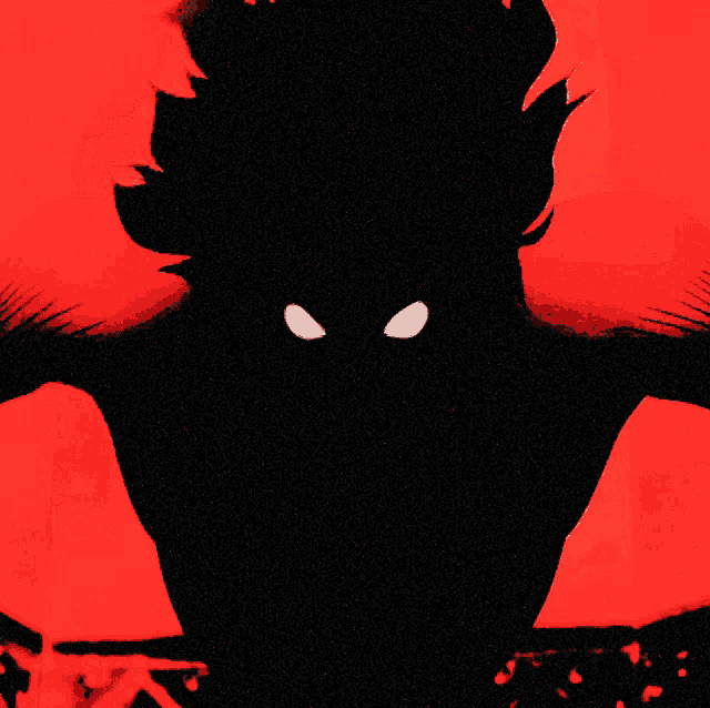 a silhouette of a person with glowing eyes is against a red background