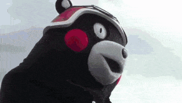 a close up of a black teddy bear wearing a helmet and goggles .