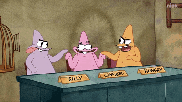 three cartoon characters sitting at a table with silly confused and hungry signs on it