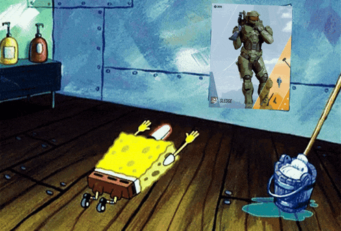a cartoon of spongebob laying on the floor next to a mop and a picture of a spartan