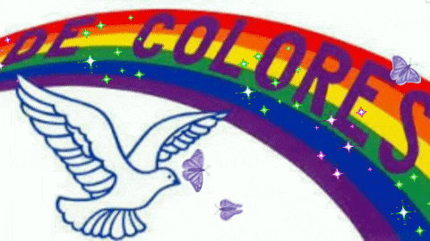 a drawing of a dove flying under a rainbow with the words de colores below it