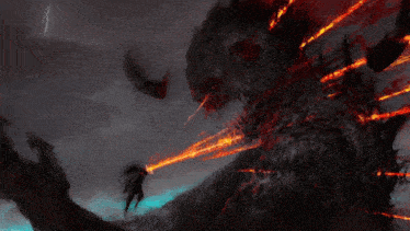 a painting of a monster with flames coming out of it