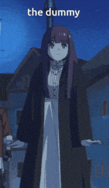 a girl with long purple hair is standing in front of a building with the word the dummy above her