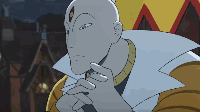 a cartoon character with a white head and a yellow collar