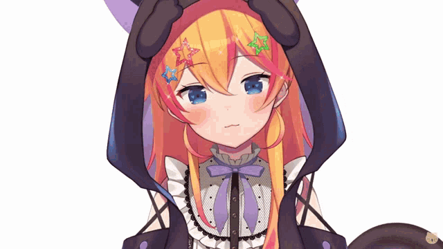 a girl with orange hair and blue eyes is wearing a black hooded jacket