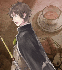a man in a black cape is holding a sword in front of a cup of tea
