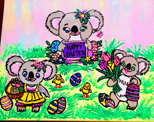 a drawing of koalas holding baskets of easter eggs and flowers with a happy easter sign in the background