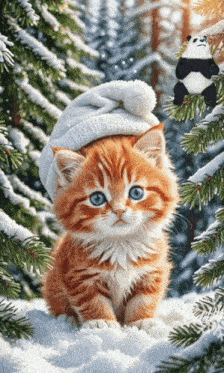an orange and white kitten wearing a white hat is sitting in the snow