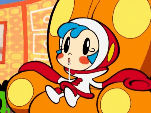 a cartoon character is sitting on an orange chair