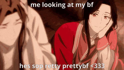 a picture of a man and a woman with the caption " me looking at my bf hes sop pretty prettybf <333 "