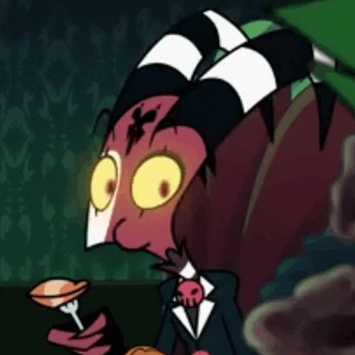 a cartoon character is holding a martini glass with a fork in his hand .