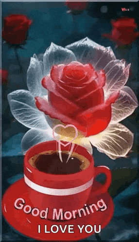 a red cup of coffee and a red rose on a saucer .