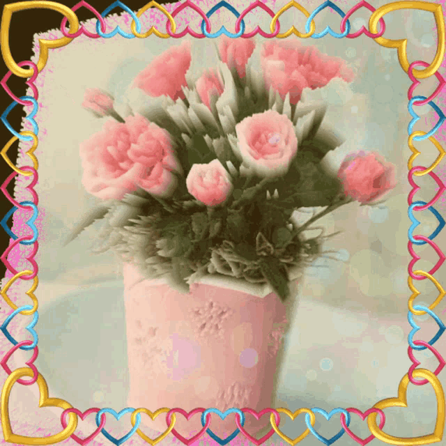 a pink vase filled with pink and white flowers is surrounded by hearts