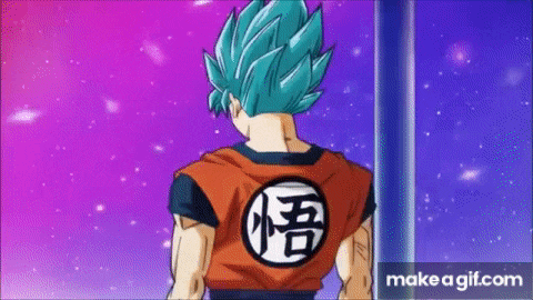a cartoon character with blue hair and a red shirt with a symbol on the back .