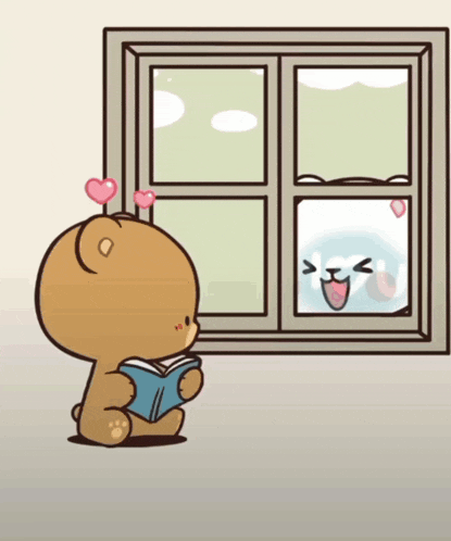 a cartoon of a teddy bear reading a book and looking out a window