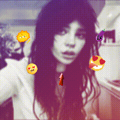 a woman with long hair is surrounded by emojis