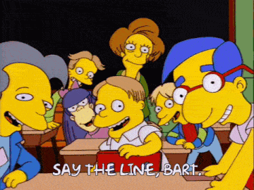 a group of cartoon characters are in a classroom with the words say the line bart
