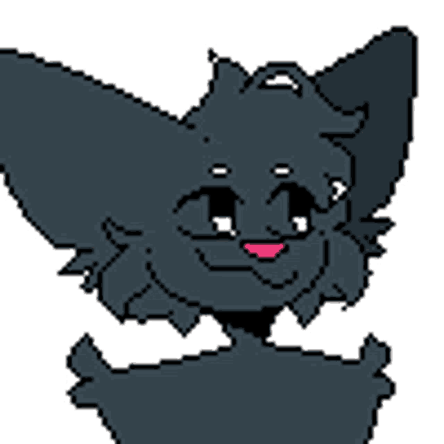 a pixel art of a black cat with a pink tongue