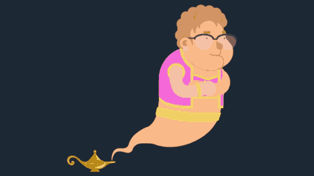 a cartoon illustration of a genie with glasses and a lamp