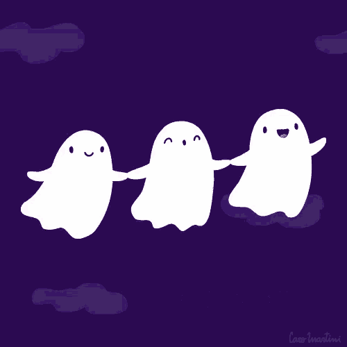 a purple background with three ghosts and the words feliz halloween on the bottom
