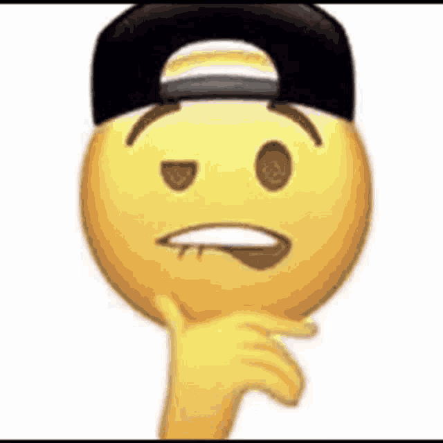 a yellow smiley face wearing a black hat and holding his hand to his chin .