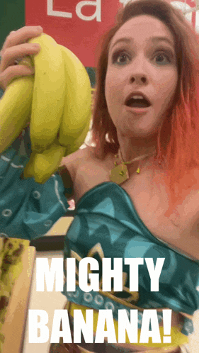 a woman is holding a bunch of bananas with the words mighty banana written below her