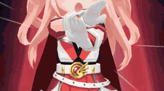 a girl with pink hair and white gloves is wearing a red and white outfit
