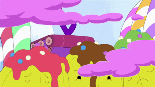 a cartoon of a candy land with purple clouds and trees