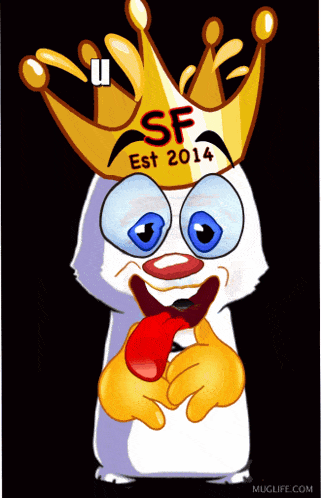 a cartoon character wearing a crown that says " sf " on it