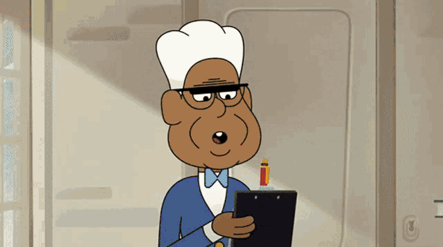 a cartoon character holding a clipboard and a pencil