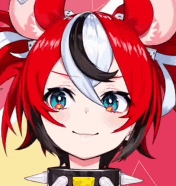 a close up of a anime girl with red hair and horns