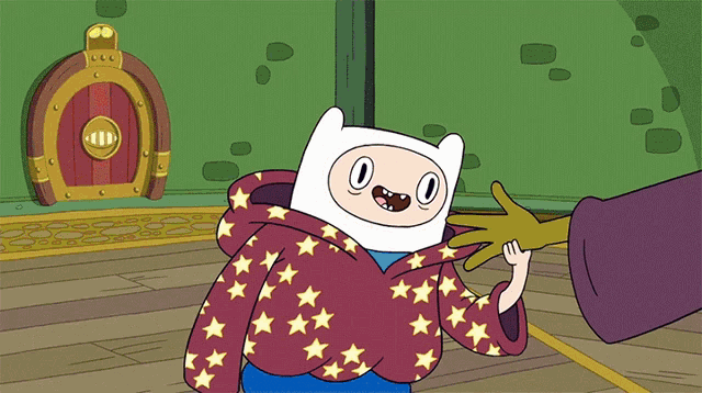a cartoon character is wearing a red sweater with yellow stars on it