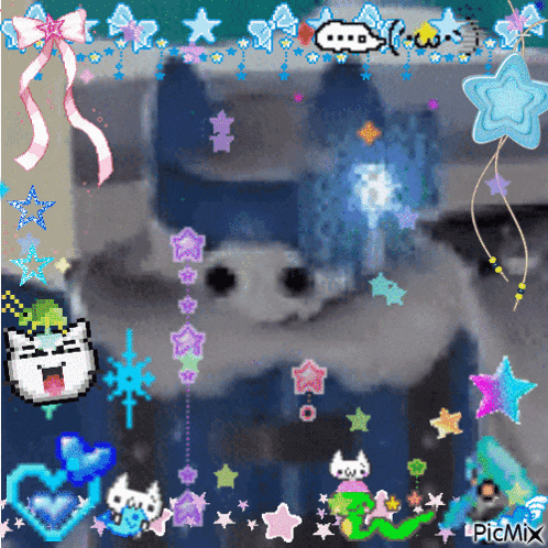 a picture of a cat is surrounded by stars and hearts and says picmix at the bottom