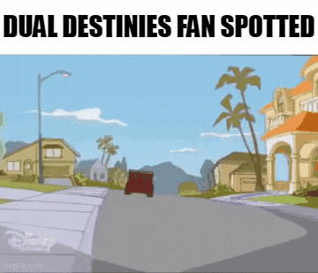 a cartoon scene with the words dual destinies fan spotted at the bottom