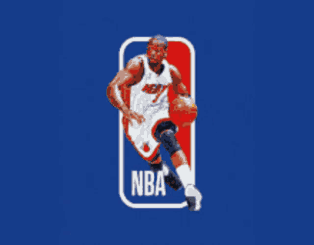 a basketball player is dribbling a ball with the nba logo in the background