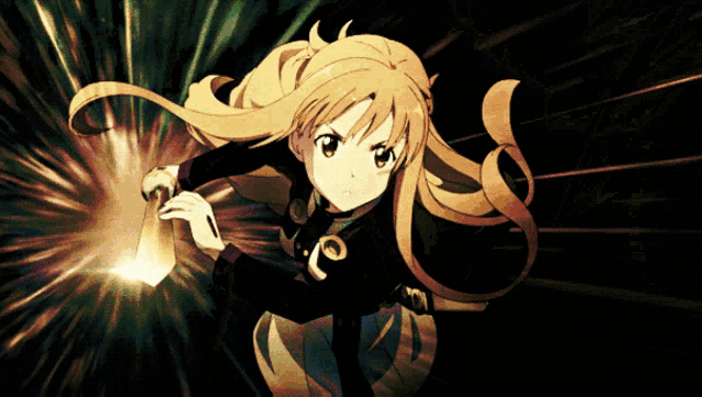 a girl with long blonde hair is holding a sword in her right hand
