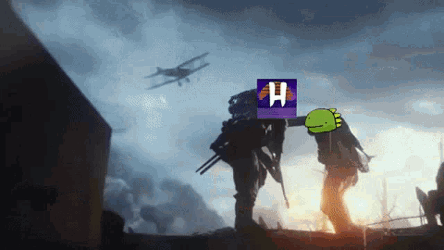 a cartoon of two soldiers with the letter h on their heads