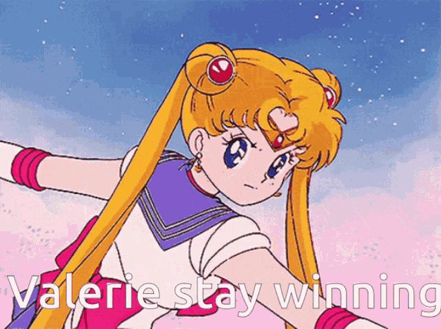 a picture of a sailor moon with valerie stay winning written below her
