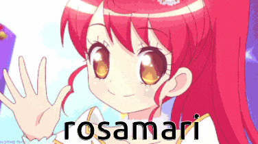 a pink haired anime girl with the name rosamari on the bottom right
