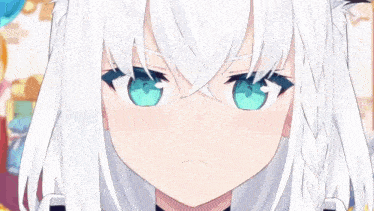 a girl with white hair and green eyes is standing in front of balloons and presents .