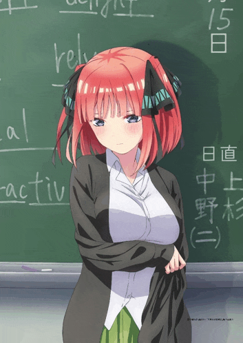 a girl with red hair is standing in front of a chalkboard that says " activ "