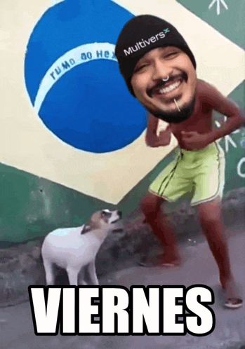 a man with a beanie that says multivers stands next to a small dog