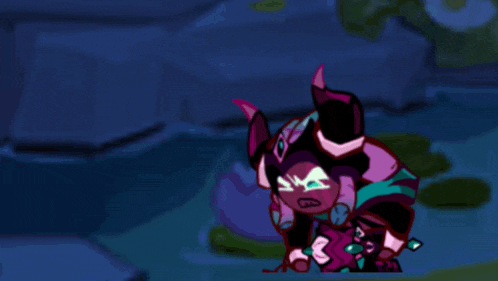 a cartoon character with horns and a sword is standing in the dark .