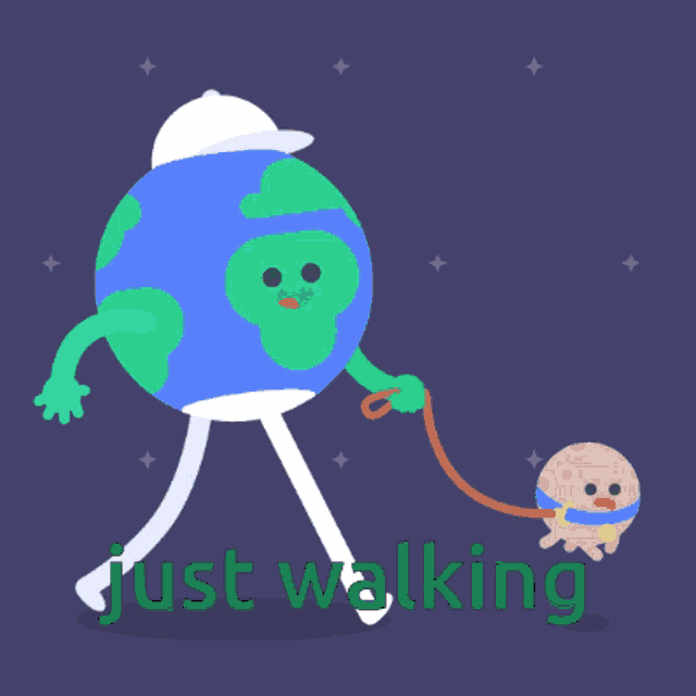 a cartoon of earth walking a dog with the words just walking below