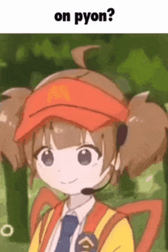 a cartoon girl wearing a mcdonald 's hat and a microphone is standing in a park .