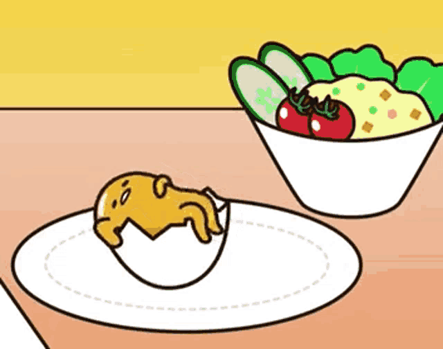 a cartoon drawing of a egg on a plate next to a bowl of salad .