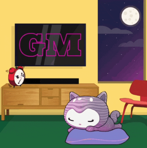 a cat laying on a pillow in front of a tv that says gm on it