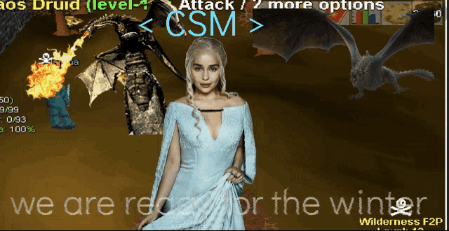 a woman in a blue dress stands in front of a dragon and says we are ready for winter