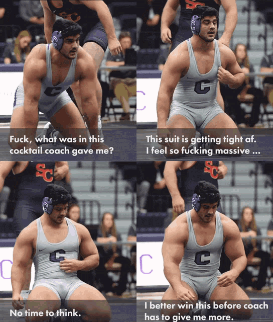 a collage of four photos of a wrestler with the letter c on his uniform